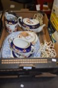 Quantity of assorted blue and white meat plates, Imari pallette, tea wares and other items