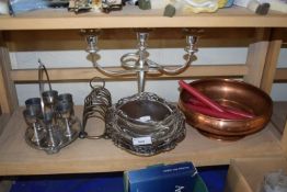 Assorted metal wares to include three branch candelabra, toast rack and others