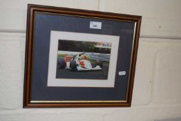 Reproduction photograph of a Formula 1 race car, framed and glazed
