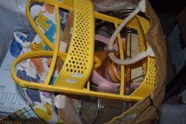 A two tier yellow bathroom caddy together with pink dressing table mirror, storage items etc
