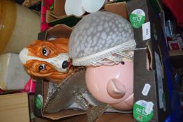 Mixed Lot: Glass cake stand, ceiling shade, pig cookie jar etc