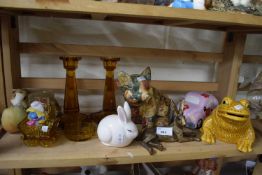 Resin model of a hare, pair of amber glass candlesticks, model frog etc