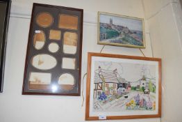 Needlework picture of some cottages, coastal print and a frame
