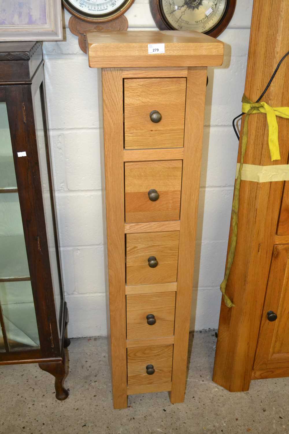 Modern narrow oak five drawer chest, 32cm wide