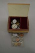 Box of mixed items to include pocket watch, various coinage