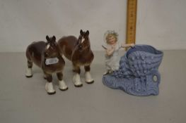 A pair of Russian porcelain model horses and a further novelty shell formed vase (3)