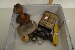 Box of various mixed items to include opera glasses, brass mounted jewellery box, candlestick etc