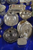 Mixed Lot: Various silver plated wares to include entree dishes, table basket, chamber stick etc