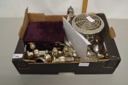 Box of various silver plated wares to include rose bowl, condiments set, goblets etc