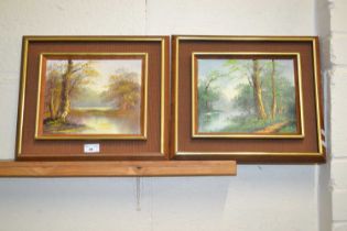 20th Century school, a pair of studies of riverside scenes, oil on canvas set in fabric mounted