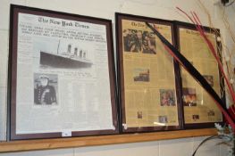 Group of three framed prints The New York Times, Titanic Edition, reproduction