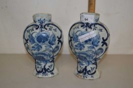 Pair of Delft blue and white vases, heavily cracked and chipped