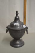 Circular pewter double handled covered jar with acorn finial