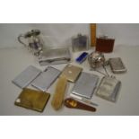 Box containing various cigarette cases, hip flasks, tankard etc