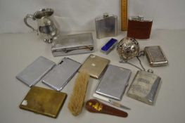 Box containing various cigarette cases, hip flasks, tankard etc