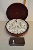 Wooden cased hors d'oeuvres set together with a bakelite cigarette box (2)