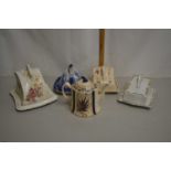 Group of four vintage cheese dishes and a further teapot