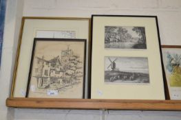 Mixed Lot: Print of Norwich Cathedral, Westlegate, Norwich and a framed pair of black and white
