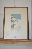 A small coloured study of a Greek street scene, indistinctly signed, framed and glazed