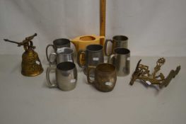 Mixed Lot: Various assorted pewter tankards, wall mounted brass bell, Teachers Whisky jug etc