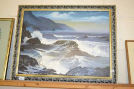 20th Century school study of a stormy coastline, oil on board, framed