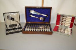 Three cases of various cutlery to include mother of pearl handled examples