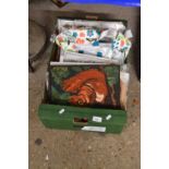 Box of various tapestry pictures, art supplies etc