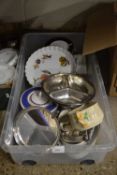A box of various mixed ceramics, silver plated wares etc