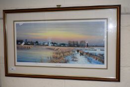 S F Clarke, The Thurne in Winter, coloured print, framed and glazed