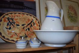 Blue and white wash bowl, basin and soap dish together with a meat dish