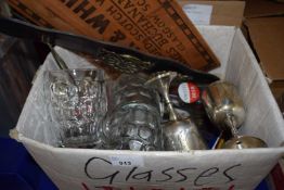 One box of various assorted beer mugs, silver plated goblets etc