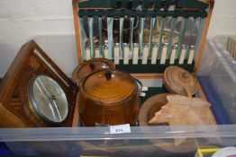 Quantity of assorted flat ware, tobacco jars, wall mounted barometer and other items