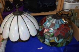 Pearlescent glass lampshade and base together with a Tiffany glass style ceiling lamp(2)