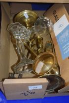 Mixed Lot: A pair of brass twist candlesticks, a pair of glass candlesticks, toasting forks etc