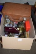 Box of various mixed household items to include a collection of thimbles, brass bell, small flower