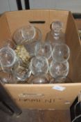 One box of various house clearance drinking glasses, decanters etc