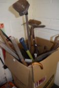 Large box of various assorted garden tools