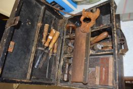 Wooden tool box and contents