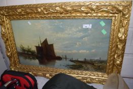 Boats on the river with windmill beyond, print, gilt frame