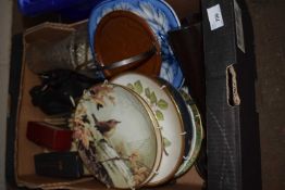 One box of various decorated plates, glass vase, cutlery etc