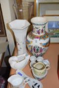 Mixed Lot: Assorted ceramics to include glass vase, other vases, jugs etc