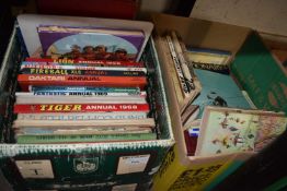 Two boxes of assorted books to include Giles Cartoons, children's annuals etc