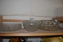 Two pressed glass fruit bowls and a glass dish and cover