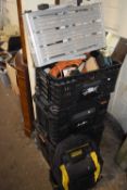 Mixed Lot: Crates of various tools and garage clearance items, a Stanley backpack and a folding