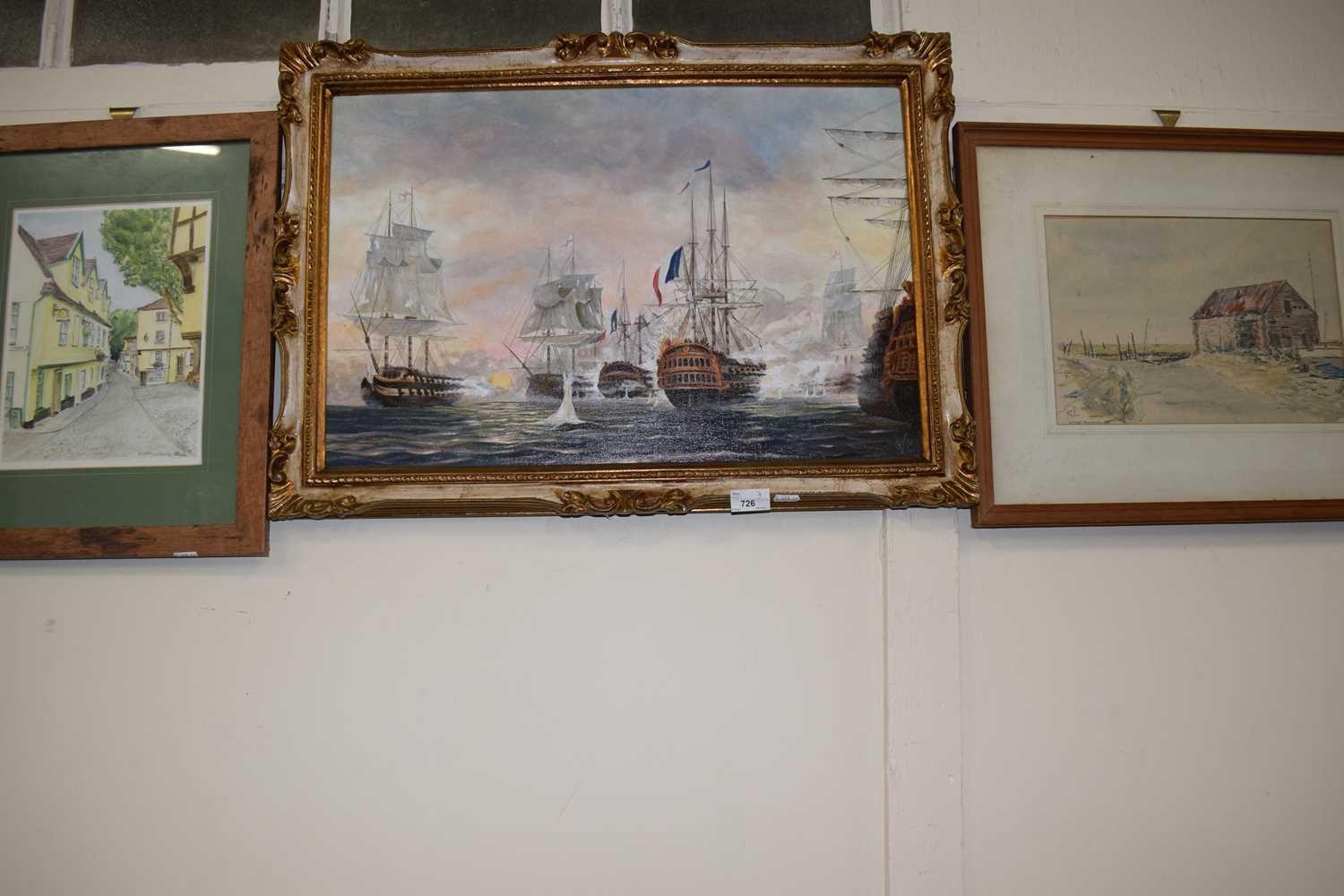 French and English Warships at Sea together with a barn on the marshes and a street scene (3)