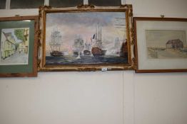 French and English Warships at Sea together with a barn on the marshes and a street scene (3)