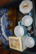 Mixed Lot: Three branch candelabra, amber pressed glass dressing table set, blue and white plate