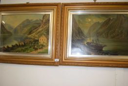 Ship in a Moonlit Fjord and another Fjord scene, prints, framed and glazed (2)