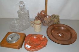Mixed Lot: Soap stone carving, small barometer, decanter, copper bowl etc
