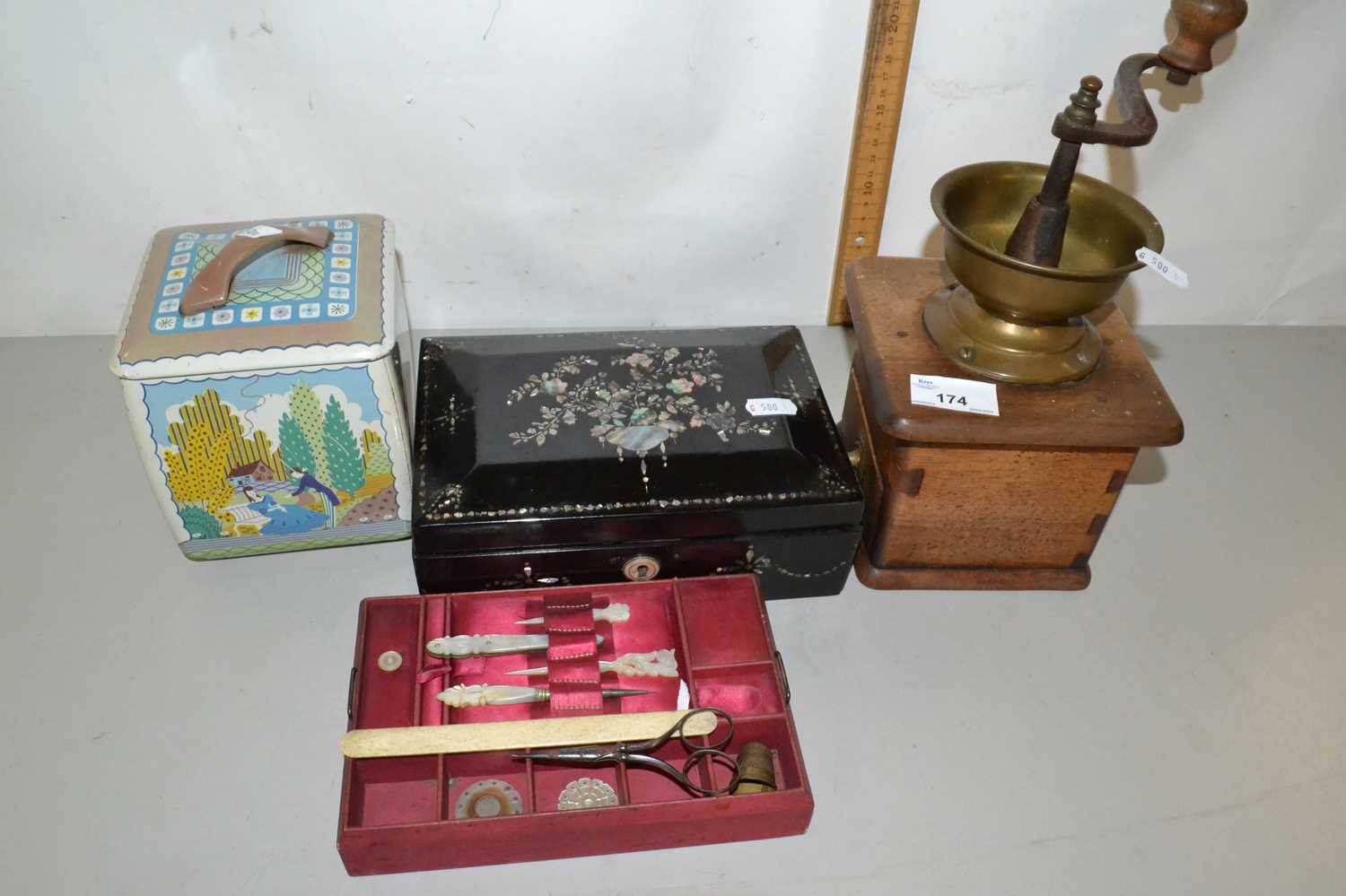 Mixed Lot: Small mother of pearl inlaid jewellery box, coffee grinder and a vintage Cadbury Bros tin